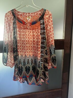 Anthropologie fig and flower Boho Printed Peasant Top - Coral Multi Sz L EUC